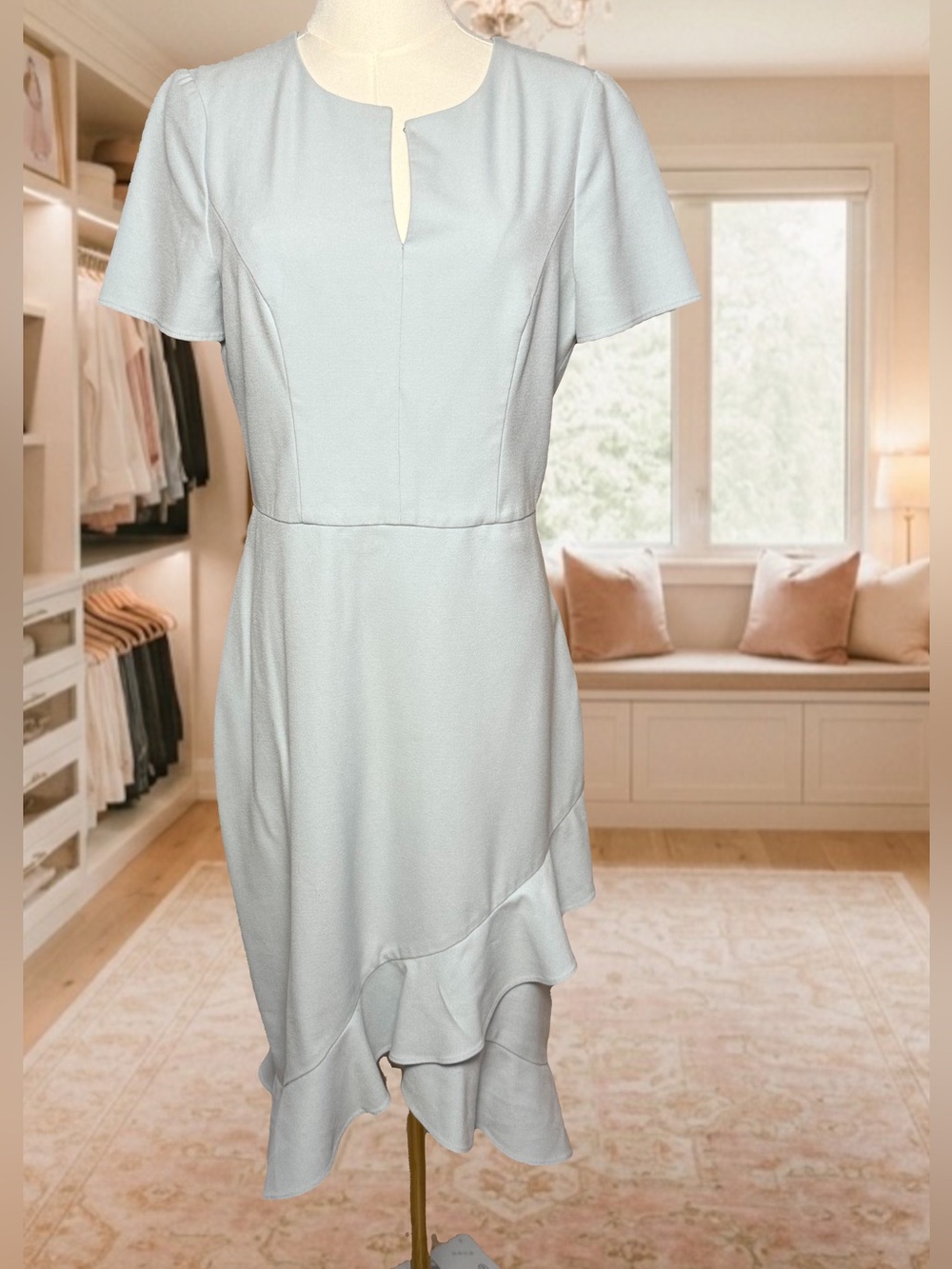 Shoshanna Alianora Light Blue Ruffled Hem Short Sleeve Midi Dress